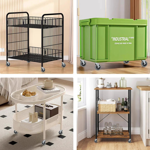 Four different furniture pieces with caster wheels including a storage cart, industrial bin, serving tray, and bar cart.
