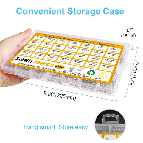 Plastic storage case labeled SciWill 390PCS in a hand, dimensions 8.86x5.3 inches, shown with text on convenient storage features.