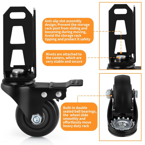 Three Inch Storage Rack Caster Wheels For Boltless Self Locking Shelving Racks, Heavy Duty PVC Wear Resistant Wheels
