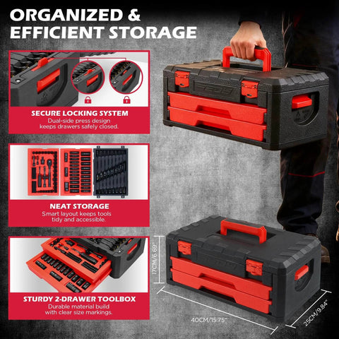 132-Piece Mechanics Tool Set, SAE/Metric 1/4" & 3/8" Drive Socket Set with storage case showcasing organized locking drawers