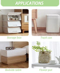 Image of four applications for 12 Pcs Self Adhesive Caster Wheels Stainless Steel 360 Degree Swivel Low Profile Rollers. Includes storage box, trash can, bedside table, and flower pot.