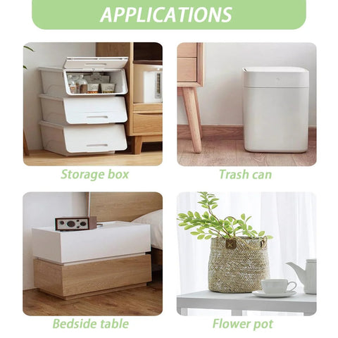 Image of four applications for 12 Pcs Self Adhesive Caster Wheels Stainless Steel 360 Degree Swivel Low Profile Rollers. Includes storage box, trash can, bedside table, and flower pot.