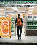 Man entering store with Sweety Alphonso Mango Mochi sign at entrance, displaying clear discount information and prices.