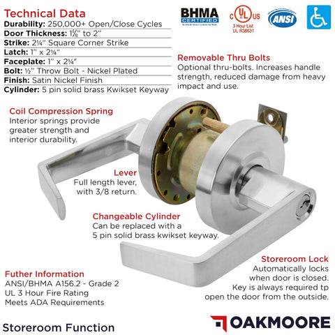 Heavy Duty Commercial Storeroom Door Lockset Grade 2 Keyed Schools and Businesses Nickel Finish ANSI A1562 ADA UL Listed.