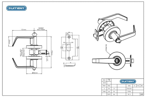 Technical drawing of Heavy Duty Storeroom Door Lever Lockset For Commercial Use ANSI Grade 2 BHMA Grade 2 ADA Compliant UL 3 Hour Fire Rated.
