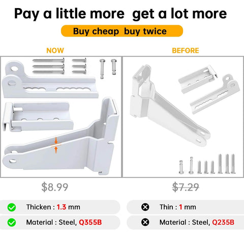 Comparison of Storm Door Closer Bracket Kit Compatible with Andersen, Emco, Larson, Pella; new vs old parts, steel material