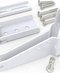 Storm Door Closer Bracket Kit Compatible with Andersen, Emco, Larson, Pella, white metal parts and screws visible.