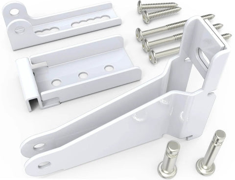 Storm Door Closer Bracket Kit Compatible with Andersen, Emco, Larson, Pella, white metal parts and screws visible.