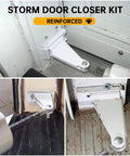 Storm Door Closer Bracket Kit Compatible with Andersen, Emco, Larson, Pella, shown installed on door frame, white metal
