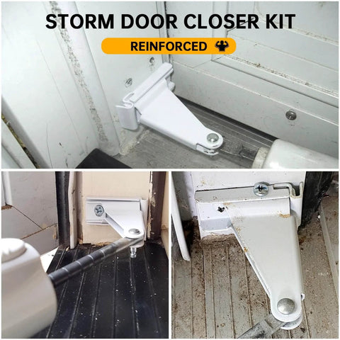Storm Door Closer Bracket Kit Compatible with Andersen, Emco, Larson, Pella, shown installed on door frame, white metal