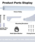 Storm Door Closer,1 Set Screen Door Closer,Pneumatic Door Bracket, parts display with closer body, brackets, screws, and washer