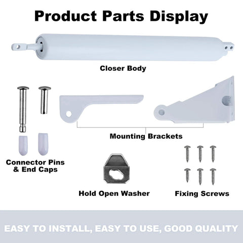 Storm Door Closer,1 Set Screen Door Closer,Pneumatic Door Bracket, parts display with closer body, brackets, screws, and washer