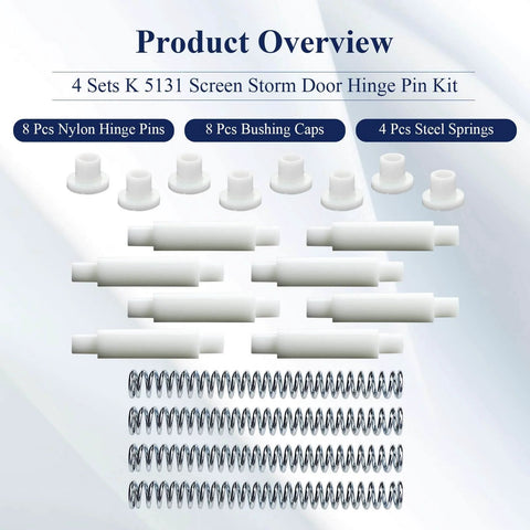 K 5131 Steel And Nylon Storm Door Hinge Pin Kit with 8 nylon hinge pins, 8 bushing caps, 4 steel springs displayed on white