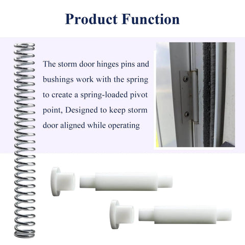 K 5131 Steel And Nylon Storm Door Hinge Pin Kit showing steel spring, nylon hinge pins, bushing caps, and door alignment function.