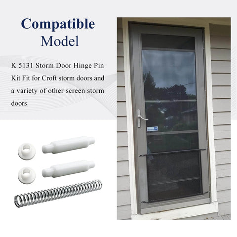 K 5131 Steel And Nylon Storm Door Hinge Pin Kit 4 Sets Including 8 Nylon Hinge Pins 8 Bushing Caps And 4 Steel Springs Compatible With Croft Storm Doors And Other Screen Storm Doors shown with image of a storm door.