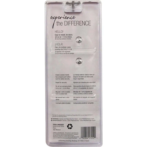 Packaging back view of White Push Button Heavy Duty Storm Door Latch With Keyed Lock Set, Replacement Latch Handle for 1-3/4 Inch Mount Holes.