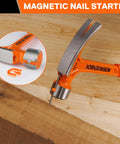 Heavy duty 20 oz straight claw hammer with magnetic nail holder, milled face, and one-piece forged steel build in hand