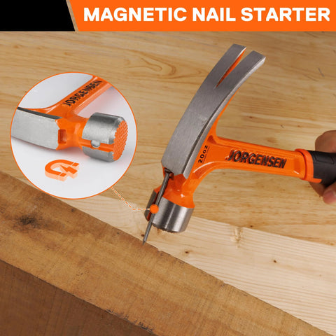 Heavy duty 20 oz straight claw hammer with magnetic nail holder, milled face, and one-piece forged steel build in hand