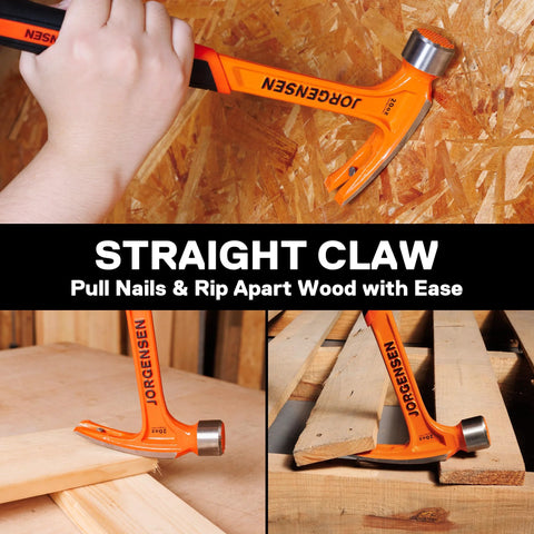 Heavy duty 20 oz straight claw hammer with magnetic nail holder, milled face, steel build, shock absorbing grip for carpentry