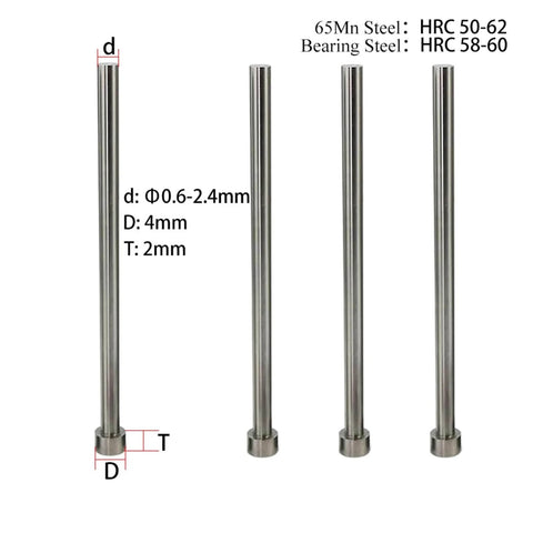 Straight Punching Ejector Pin For Plastic Injection Molding 65Mn Round Tip Hardened Alloy Steel with dimensions labeled