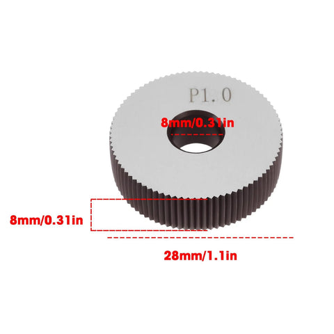 Two Pieces P1.0mm Straight Knurling Wheels, 28x8x8mm Steel Rollers for Knurling Tools and Lathe Holders, size details shown