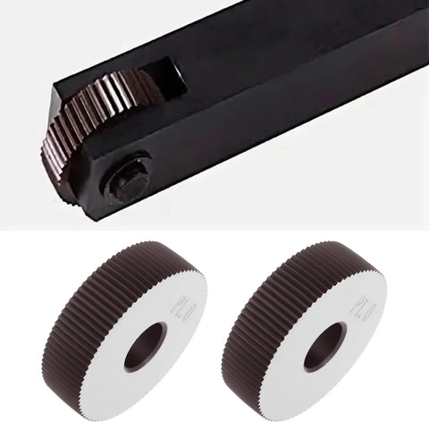 Two Pieces P1.0mm Straight Knurling Wheels, 28x8x8mm Steel Rollers shown on tool and separately, for Knurling Tools and Lathe Holders