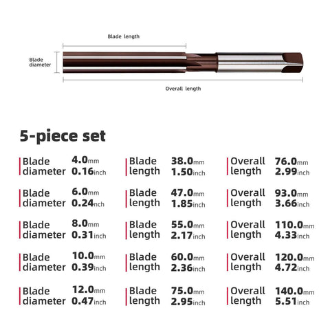 Diagram showing dimensions of Hand Reamer Set For Metal H8 Precision Straight Slot Reamers 4mm to 12mm, 5 Piece DRINYOUNG Kit.