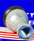 Close-up of a SQZ12-1 Straight Shape Ball Joint Rod End Bearing with metal finish on a blue and red background
