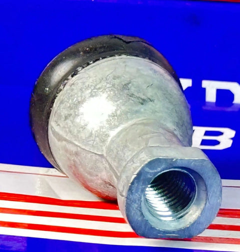 Close-up of a SQZ12-1 Straight Shape Ball Joint Rod End Bearing with metal finish on a blue and red background