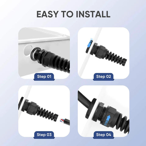 Installation steps for Strain Relief Cord Connector Kit, 2 Pack NPT One Half Inch Waterproof Cable Gland with Flexible Spiral Strain Relief.