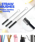Three straw brushes from Six Pack Bottle Brush Set With 14 In Stainless Steel Handles 3 Straw Brushes And 3 In 1 Cleaner, focus on cleaning tips.