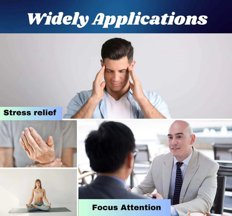 Man practicing stress relief and meditation with 2 Inch 1 Ball Copper Ball for mindfulness and focus, various therapy applications displayed.