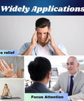 Collage showing stress relief, focus attention, meditation, and consultation with a man massaging temples and people in different activities
