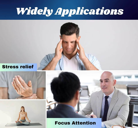 Collage showing stress relief, focus attention, meditation, and consultation with a man massaging temples and people in different activities