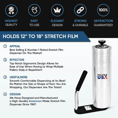 Extended Length Stretch Film Dispenser For 16 To 22 Inch Film Heavy Duty Aluminum Pallet Wrapper with handle and adjustable knob