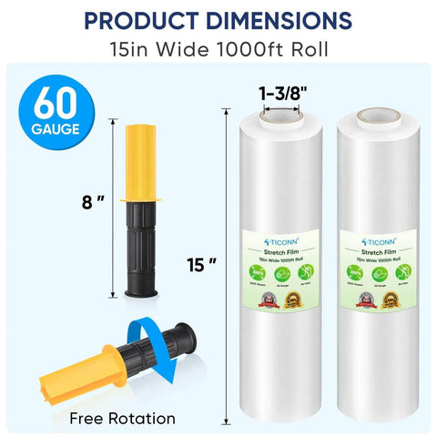 Industrial Strength Stretch Film Roll 1000ft 15 Inch Wide Clear Plastic Wrap With Handles For Pallet Wrapping Shipping image