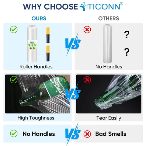 Comparison of Industrial Strength Stretch Film Roll 1000ft 15 Inch Wide with roller handles versus others without handles, showing toughness and no smell.