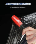 Industrial Strength Stretch Film Roll 1000ft 15 Inch Wide Clear Plastic Wrap With Handles, showing 60 gauge flexibility in use