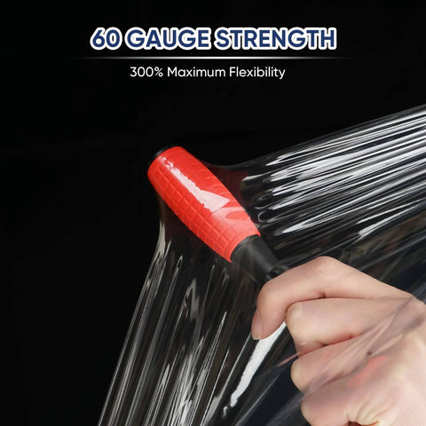 Industrial Strength Stretch Film Roll 1000ft 15 Inch Wide Clear Plastic Wrap With Handles, showing 60 gauge flexibility in use