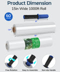 Heavy Duty Stretch Wrap Film 15 Inch By 1000 Feet 60 Gauge Pallet Wrap Clear Plastic With Handles displayed with dimensions and features