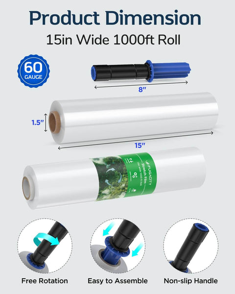 Heavy Duty Stretch Wrap Film 15 Inch By 1000 Feet 60 Gauge Pallet Wrap Clear Plastic With Handles displayed with dimensions and features