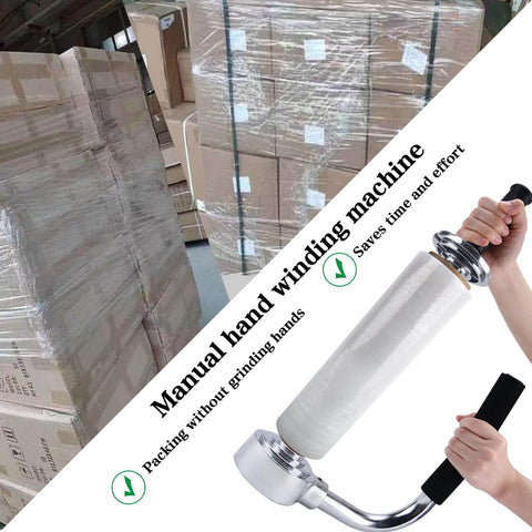 Industrial Stretch Wrap Dispenser With Built In Cutter For Easy Pallet Wrapping Adjustable 12 To 20 Inch Handle Heavy Duty Stretch Film Dispenser Holder For Efficient Packaging And Secure Goods On Every Load next to pallets wrapped in plastic film.