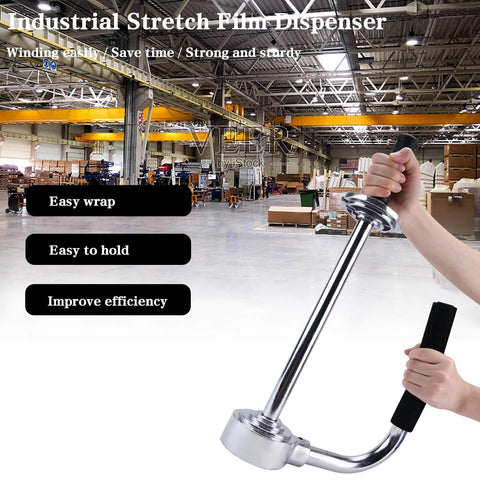 Industrial Stretch Wrap Dispenser With Built In Cutter For Easy Pallet Wrapping Adjustable 12 To 20 Inch Handle