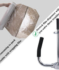 Industrial Stretch Wrap Dispenser With Built In Cutter For Easy Pallet Wrapping Adjustable 12 To 20 Inch Handle Heavy Duty Stretch Film Dispenser Holder For Efficient Packaging And Secure Goods On Every Load shown with hand wrapping pallet and dispenser close-up
