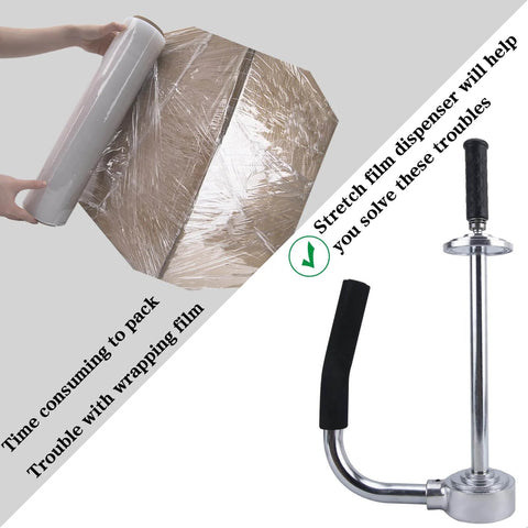 Industrial Stretch Wrap Dispenser With Built In Cutter For Easy Pallet Wrapping Adjustable 12 To 20 Inch Handle Heavy Duty Stretch Film Dispenser Holder For Efficient Packaging And Secure Goods On Every Load shown with hand wrapping pallet and dispenser close-up