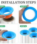 Installation steps for 24 Pack Stretch Wrap Dispenser Hand Savers For Moving And Shipping Easy Grip Plastic Puller Fits 3 Inch Core Pallet Wrapping Durable Blue And Orange Handles Bulk Replacement For Packing Film And Pallets shown in four steps with blue and orange handles.