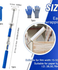 Long Handle Pallet Stretch Wrap Dispenser Kit For 12 To 20 Inch Film Widths With 1.5 To 3 Inch Roll Diameter Includes Roller Gloves And Cut Off Knife 3X Faster Pallet Wrapping For Warehouse Logistics And Factory Shipping, shown with gloves and knife.