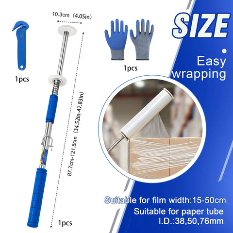 Long Handle Pallet Stretch Wrap Dispenser Kit For 12 To 20 Inch Film Widths With 1.5 To 3 Inch Roll Diameter Includes Roller Gloves And Cut Off Knife 3X Faster Pallet Wrapping For Warehouse Logistics And Factory Shipping, shown with gloves and knife.