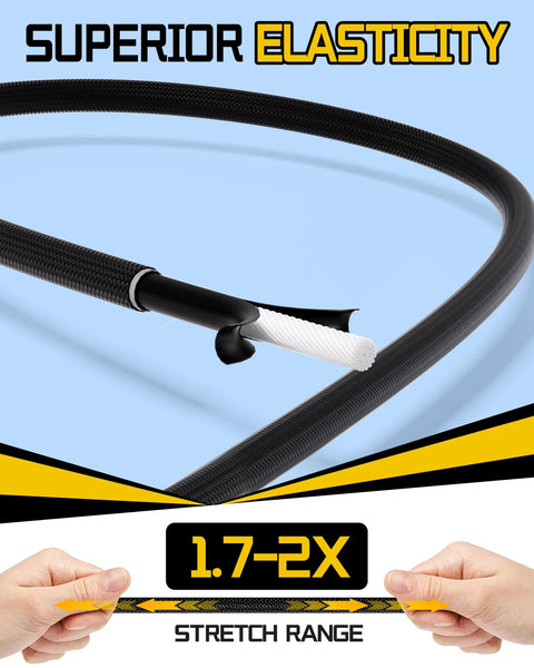 Close-up of a UV-resistant adjustable carabiner bungee cord showing superior elasticity and stretch range from 1.7 to 2X.