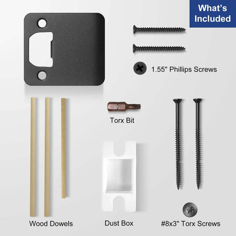 What's included in the Extended Lip Strike Plate Two And A Half By Two And A Quarter Inch Heavy Duty Matte Black Door Latch Striker Kit.